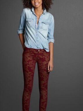 Abercrombie & Fitch Burgundy Floral Jacquard Pants